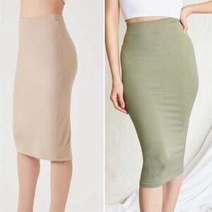 2 NWT Forever 21 Pencil Skirt Bodycon Stretch Olive Green Taupe Women’s Sz Small